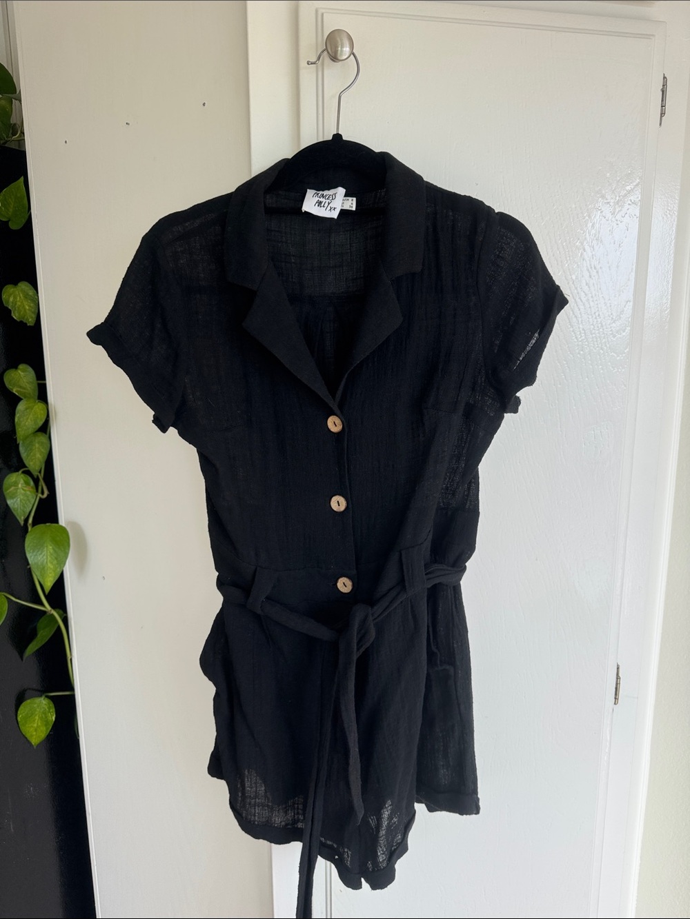 Princess Polly Black Button-Front Short Sleeve Romper with Tie Waist